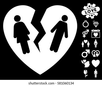 Broken Family Heart icon with bonus passion pictograms. Vector illustration style is flat iconic white symbols on black background.