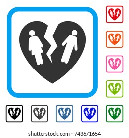 Broken Family Heart icon. Flat gray iconic symbol in a blue rounded rectangular frame. Black, gray, green, blue, red, orange color additional versions of Broken Family Heart vector.