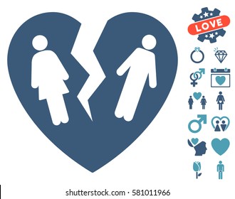 Broken Family Heart pictograph with bonus romantic pictograph collection. Vector illustration style is flat iconic cyan and blue symbols on white background.