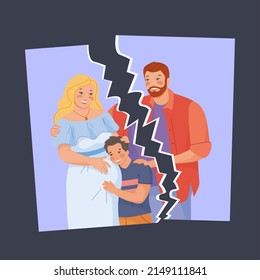 Broken Family. Separated Photo, Marriage Problem Divorce Split Relationship, Parental Breakup Separation Kid Mother And Father, Feeling Of Couple, Vector Illustration Of Divorce Or Separation Family