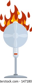 Broken fan. Fire appliances. The flame on the device. Damaged broken equipment. Dangerous situation. Cartoon flat illustration