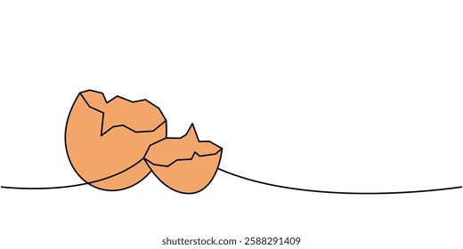 Broken farm egg one line colored continuous drawing. Organic farm product. Vector illustration
