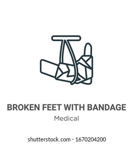 Broken feet with bandage outline vector icon. Thin line black broken feet with bandage icon, flat vector simple element illustration from editable medical concept isolated stroke on white background