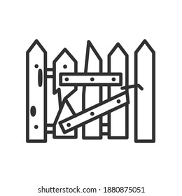 Broken Fence, Wooden, Linear Icon. Editable Stroke