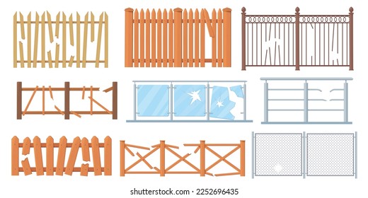 Cercas rotas. Destruir o romper la valla, laguna en la valla de madera, portones de jardín de la granja de madera con orificio, tablero antiguo barrera de piquete de madera caricatura ilustración vectorial de la plancha de la pared rota