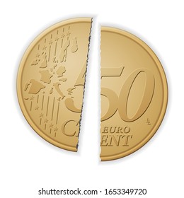 Broken fifty euro cent on a white background. Vector illustration.