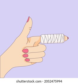 Broken finger in in a cast bandage, orthopedic gypsum, injury bone, vector illustration drawn in a flat style. Vector illustration.