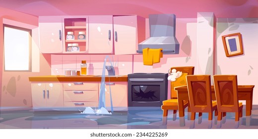 Broken flood kitchen room cartoon vector interior. Pipe leak in abandoned messy flat with sink, dining table, cooker and cupboard. Disaster in rustic apartment with mold on wall and leakage problem