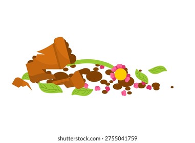 Broken flower pot with soil and plants scattered. Vector illustration of home accident, domestic mess, humor in everyday life, playful pets, and careless moments.