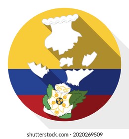 Broken flower vase of Llorente, an icon in the Colombian independence history over tricolor round button, in flat style and long shadows.