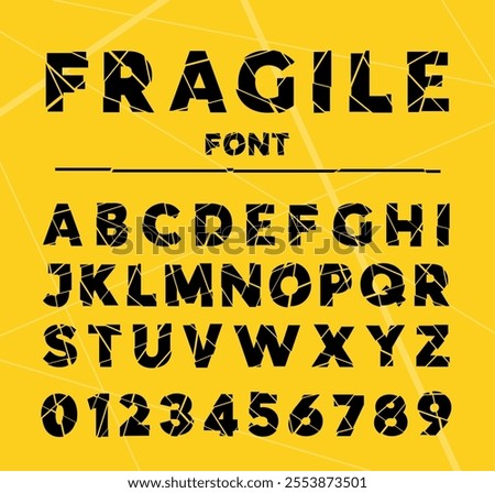 Broken font. Decorative sans serif type alphabet. Stencil grunge letters and numbers. Divided glass with offset segments. Typography typeface. Shattered symbols