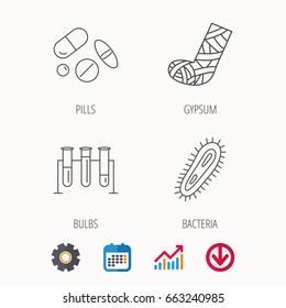 Broken foot, bacteria and medical pills icons. Lab bulbs linear sign. Calendar, Graph chart and Cogwheel signs. Download colored web icon. Vector