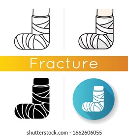 Broken Foot Icon. Bone Fracture. Injured Leg In Plaster, Bandage. Amputated Limb. Trauma Treatment. Hurt Joint. Medical Condition. Linear Black And RGB Color Styles. Isolated Vector Illustrations