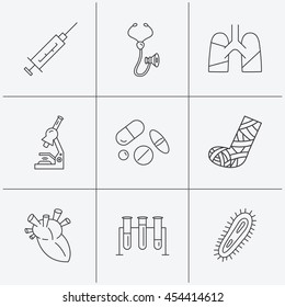 Broken foot, lungs and syringe icons. Stethoscope, pills and microscope linear signs. Bacteria, heart and lab bulbs flat line icons. Linear icons on white background. Vector