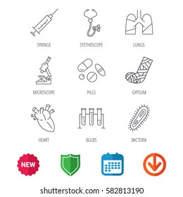 Broken foot, lungs and syringe icons. Stethoscope, pills and microscope linear signs. Bacteria, heart and lab bulbs flat line icons. New tag, shield and calendar web icons. Download arrow. Vector