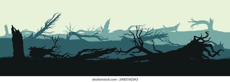 Zerbrochene Waldlandschaft. Stürzte Bäume Silhouette. Natürliche Szene nach dem Sturm. Zerstörtes Holzpanorama. Marschzeichnung. Vektorgrafik