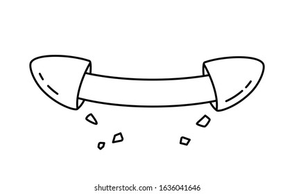 Broken fortune cookie with copy space. Linear icon of two halves of cookies with strip of paper with place for text and flying crumbs. Black contour isolated vector illustration on white background