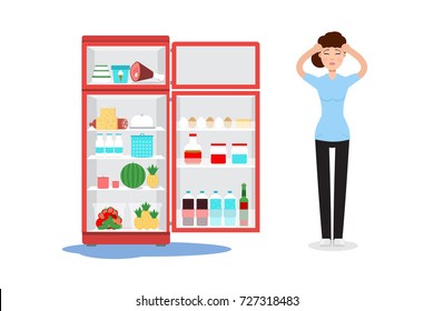 Broken fridge and sad woman with ther. Vector illustration.