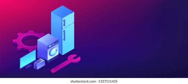 Broken fridge, washing machine, TV and toaster repair. Repair of household appliances, smart TV service, household master services concept. Isometric 3D banner header template copy space.