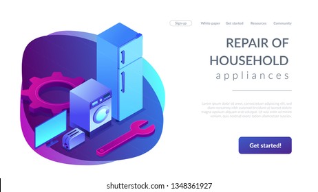 Broken fridge, washing machine, TV and toaster repair. Repair of household appliances, smart TV service, household master services concept. Isometric 3D website app landing web page template