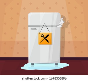 Broken fridge with water flowing out and smoke.Home interior. Sign repair. Vector illustration.