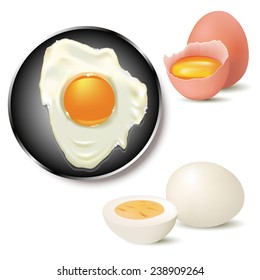 Broken, Fried And Boiled Egg On White Background. Vector Illustration