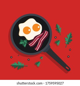 Huevo frito roto en una ilustración de un vector de sartén frito aislado de fondo.Ilustración tradicional de la comida del desayuno.