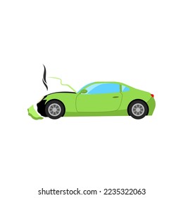 Broken front car after road accident cartoon illustration. Auto, automobile with broken motor and engine in need of repair. Damage, vehicle, fire concept
