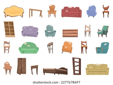 Broken furniture icons set cartoon vector. Interior room. Sofa old