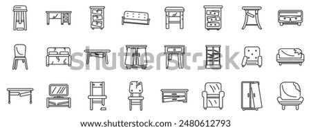 broken furniture icons set. Broken furniture set with damaged old sofa, chair, table, cupboard, and wardrobe line icons