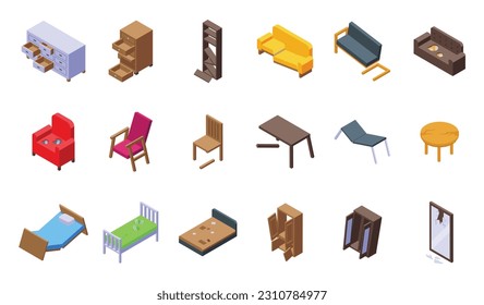 Iconos de muebles rotos conjunto vector isométrico. La sala interior. Antiguo Sofá