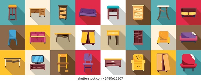 broken furniture icons set. Various pieces of furniture suffering from different types of damage, showcasing common household mishaps