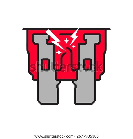 Broken fuse. Fuse of electrical protection component. Automotive fuse, is used to protect the wiring and electrical equipment for vehicles. Vector illustration flat design. 