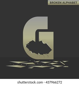 Broken G letter. Mirror alphabet with cracks