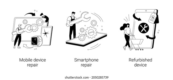 Broken gadget abstract concept vector illustration set. Mobile device and smartphone repair, refurbished device, problem diagnostics, screen replacement, data recovery abstract metaphor.