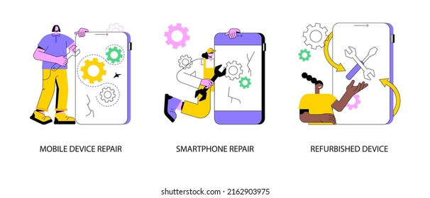 Conjunto de ilustración vectorial de concepto abstracto de gadget roto. Reparación de dispositivos móviles y smartphone, equipo reformado, diagnóstico de problemas, reemplazo de pantalla, metáfora abstracta de recuperación de datos.