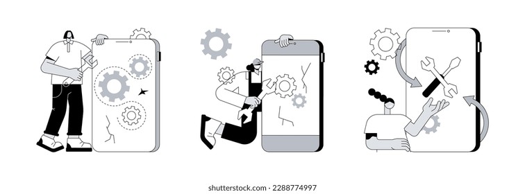 Broken gadget abstract concept vector illustration set. Mobile device and smartphone repair, refurbished device, problem diagnostics, screen replacement, data recovery abstract metaphor.