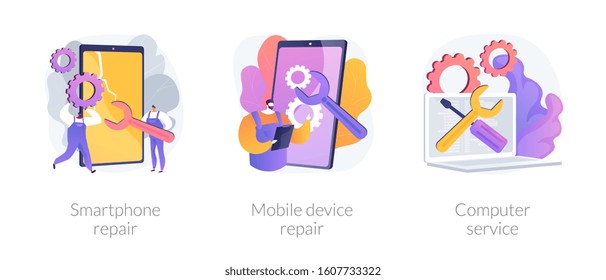 Broken gadget, portable electronics maintenance, laptop bug diagnostic. Smartphone repair, mobile device repair, computer service metaphors. Vector isolated concept metaphor illustrations.