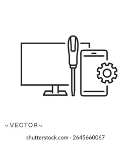 broken gadget repair icon, phone with computer repair service concept, thin line symbol isolated on white background, editable stroke eps 10 vector illustration
