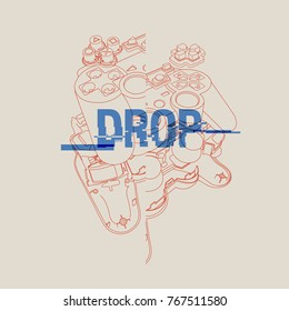 Broken gamepad. Drop text. Typography graphic print, fashion drawing for t-shirts .Vector stickers,print, patches vintage