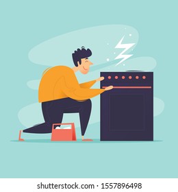 Broken gas stove, master repair. Flat design vector illustration