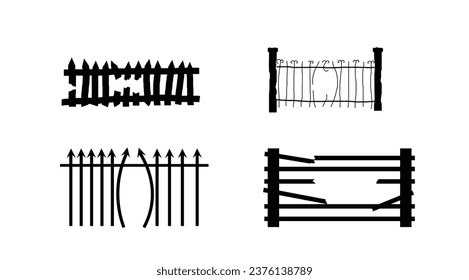 Broken Gates Set Isolated on White. Several fences construction and architecture vector art