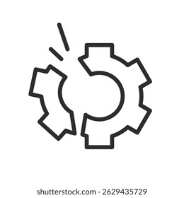 Equipo roto. Rompe el ícono del engranaje. Ilustración vectorial de línea delgada.