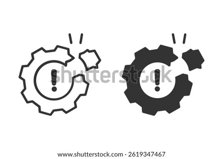 Broken gear with an exclamation mark icon set.  symbolizing malfunction, error, or failure. suitable for various applications