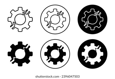 kaputtes Zahnrad-Symbol. durch Funktionsstörungen oder Versagen des mechanischen Bauteilzeichensatzes unverbundene oder falsche Verbindung in der industriellen Arbeit. gebrochenes Zahnrad oder beschädigtes Fanggerät mit Riss aufgrund eines Fehlers des Vektorlogos