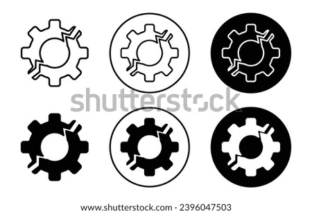 broken gear icon. disconnected or false connection in industrial work due to malfunction or failure in mechanical part symbol set. broken gear wheel or damage gear with crack due to fault vector logo