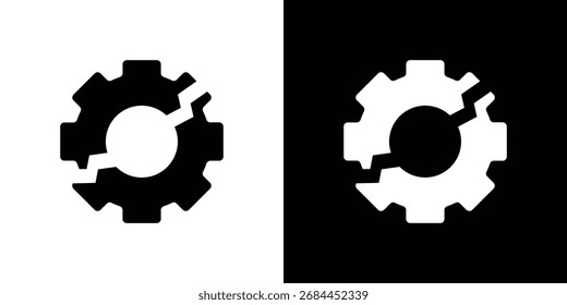 Icono de engranaje roto en estilo plano, símbolo negro lleno