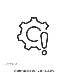 broken gear icon, mechanism failure, risk attention work, thin line symbol - editable stroke vector illustration