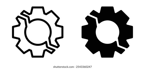 Colección rota del símbolo del icono del engranaje en el fondo blanco.