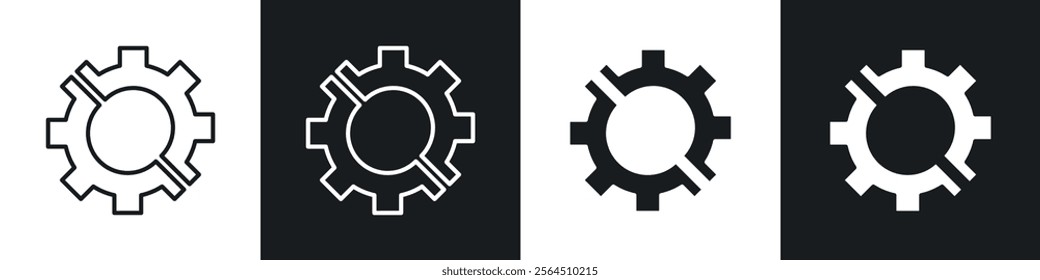 Broken gear icons collection in black filled and line style.
